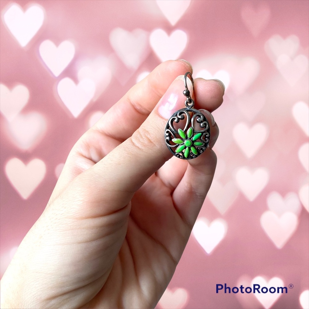 Sterling Silver Earrings with Green Flowers
